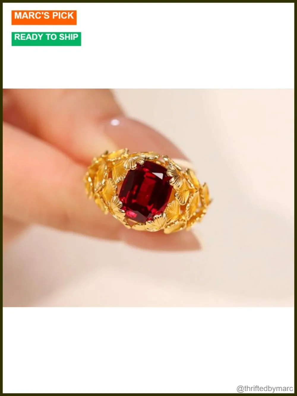 Ginkgo Leaf Lab Grown Ruby Ring 24K Gold Plated Sterling Silver